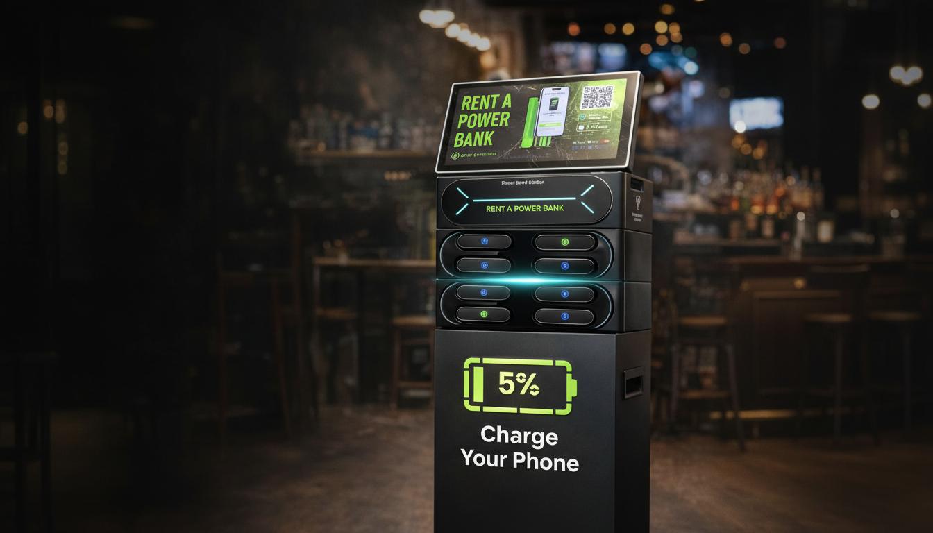 Offline 8-slot phone charging kiosk in a bar setting